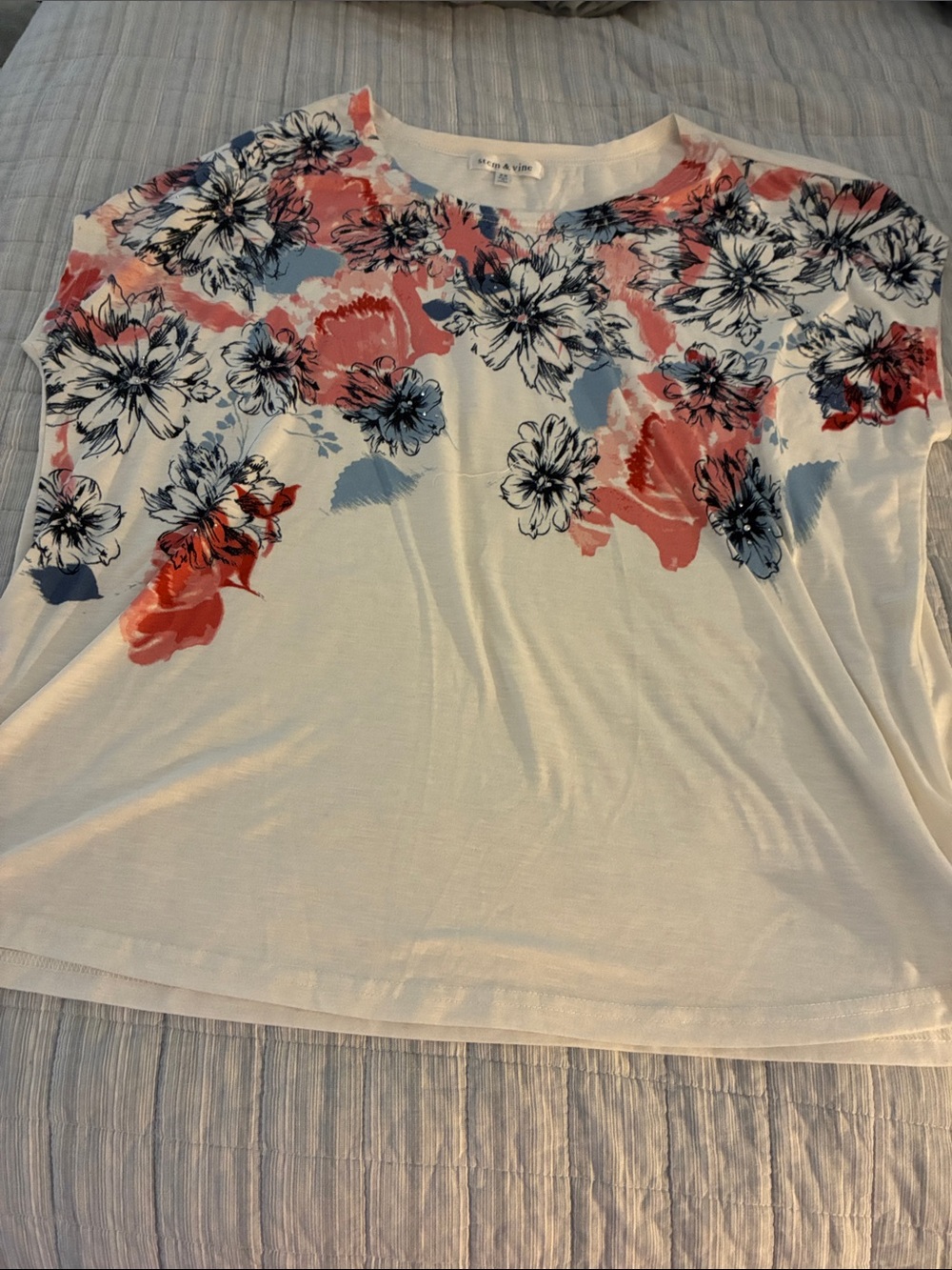 Women's White Short-Sleeve Tee with Coral & Navy Floral Print